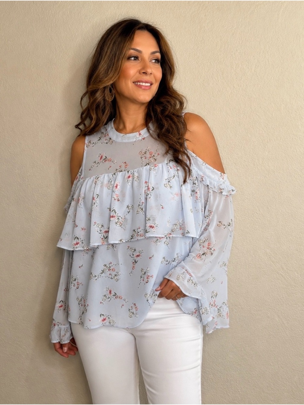 Anthropologie Maeve Floral Cold-Shoulder Ruffle Blouse in Light Blue